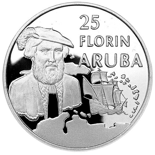 ARUBA 25フローリン 1999年 シルバーPF「アメリゴ・ヴェスプッチ発見船＆地図」ミントパック