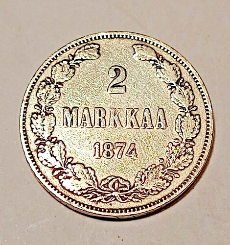 フィンランド * 2 マルクカー * 1872 * シルバー * アレクサンダー 2 世 * 良好な状態。 1+/1 * レア *