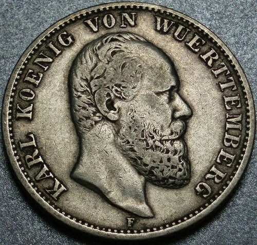 1877年 ヴュルテンベルク王国 ドイツ帝国 オリジナル銀貨「2マルク」 カール1世
