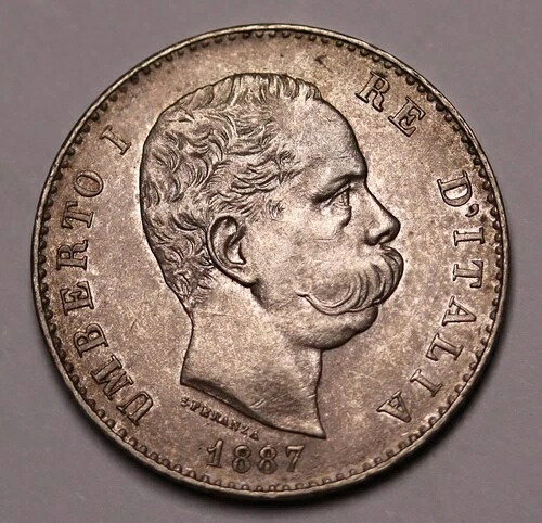 1887年 イタリア 銀リラ貨幣 ウンベルト1世 KM# 24 AU 強い光沢