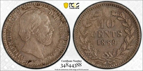 1889年 10セント オランダ、ウィレム3世 - PCGS MS 64