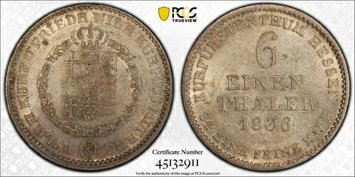 1836年 1/6ターラー ドイツ諸州、ヘッセン＝カッセル - カタログ番号KM590 - PCGS AU58