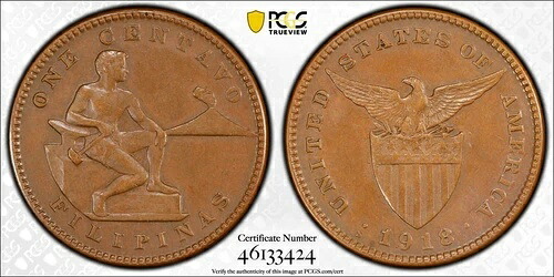 1918-S 1センタボ硬貨 PCGS AU55BN 米国 フィリピン PCGS 証明書番号 46133424