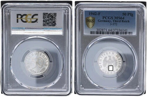第三帝国 50 フェニヒ 1942-F PCGS MS64 宝石標本ブリリアント 未流通 105379