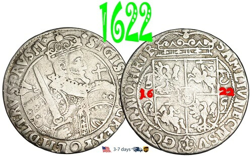 ポーランド ORT 1622、18 グロッシェン 1/4 ターラー、ジギスムント 3 世、銀貨 #32937