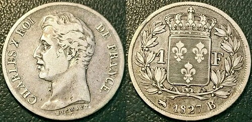 シャルル10世 - 1827年 銀貨1枚 B、ルーアン VF! F.207/26-