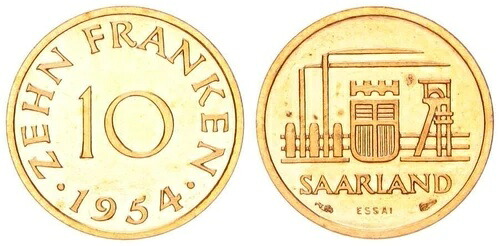 ザールラント 10フラン 1954年 プルーフまたはESSAI プルーフコイン 94113 51,480円