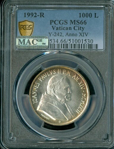 1992年 R バチカン シルバー 1000 リラ ヨハネ・パウロ2世 14世 PCGS MS66 MAC スポットレス 58,685円