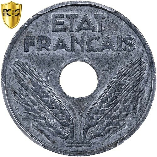 [#96400] フランス国貨、20サンチーム、1944年、パリ、亜鉛、PCGS、MS62、ガドゥリー:321