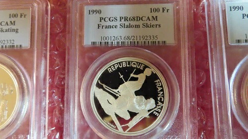 1990年 フランス 100フラン スラロームスキー 22グラム銀貨 PCGS PR68 オリンピック