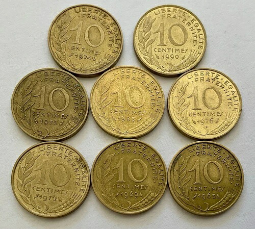 フランスのコイン 8 枚セット、10 サンチーム、異なる日付。マリアンヌ、希少品。