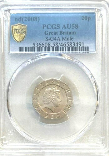 イギリス 2008年 日付なし 20ペンス「希少ミュール」、GEM UNC AU58 PCGS