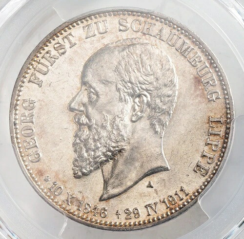 1911年、シャウムブルク＝リッペ（公国）、ゲオルク1世、銀3マルク貨幣。PCGS MS-61！