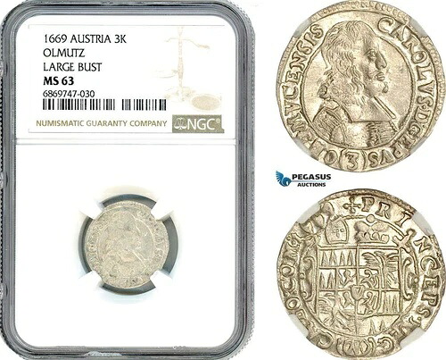 AJ101、オーストリア、チャールズ 2 世、3 クロイツァー 1669、オルムッツ造幣局、ラージ バスト、NGC MS63