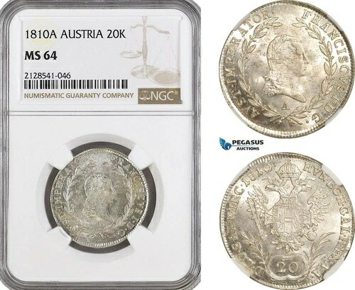 AG926、オーストリア、フランツ II、20 クロイツァー 1810 A、ウィーン造幣局、シルバー、NGC MS64