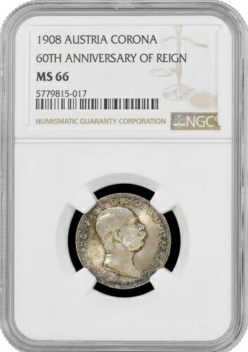 オーストリア 1コロナ 1908年、NGC MS66、「統治60周年記念」銀貨