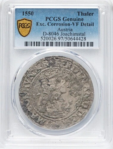 オーストリア、神聖ローマ帝国、フェルディナント1世、ターレル銀貨、1550年 PCGS ゴールドシールド