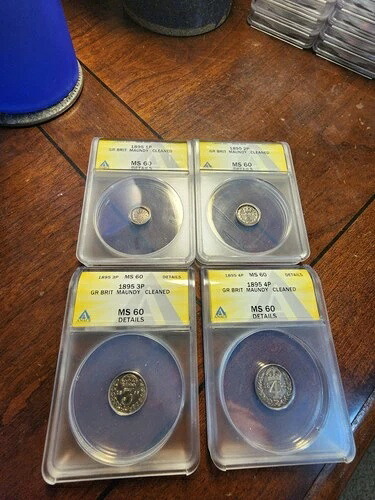 イギリスのマウンディ 1p、2p、3p、4p セット 1895 年 ANACS MS 60 詳細