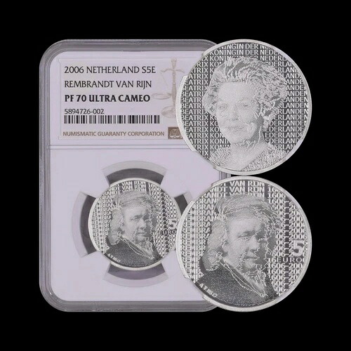 オランダ、2006年、5ユーロ、シルバー - NGC PF70 UC - トップポップ ?? レンブラント、ベアトリクス