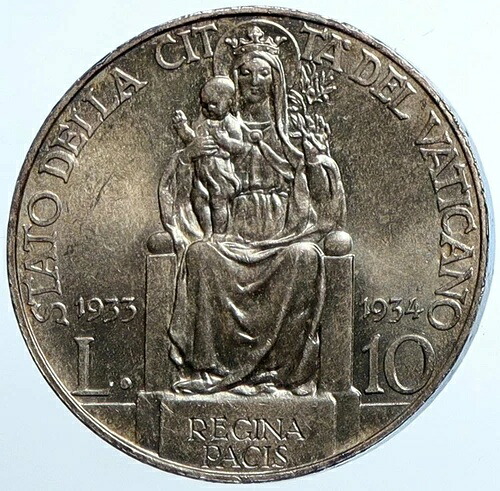 1934年 バチカン市国 イタリア 教皇ピウス11世 教皇在位70周年記念 イタリア10リラ貨幣 i110245