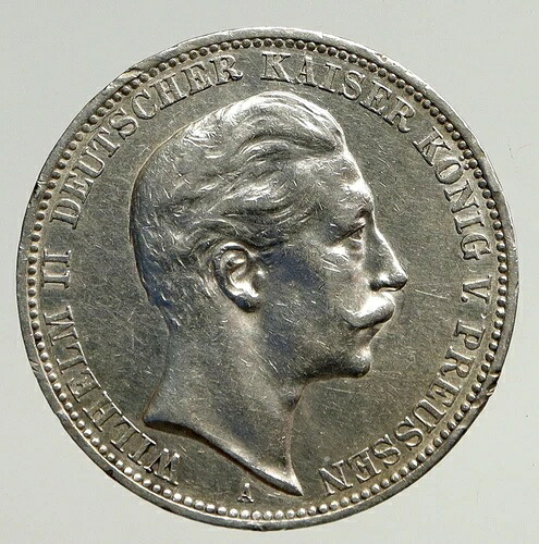 1909年 A ドイツ ドイツ諸州 プロイセン ヴィルヘルム2世 銀貨 3マルク ドイツ i93605