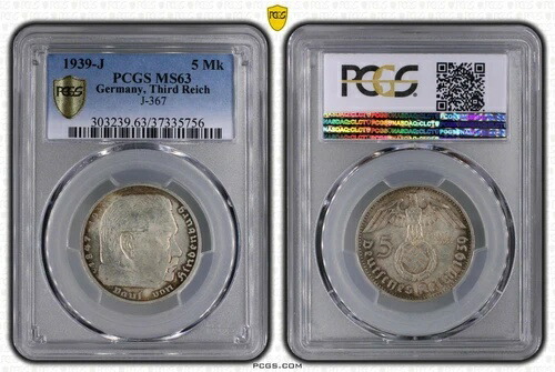 PCGS MS63 1939-J 5 Mk ライヒスマルク ヒンデンブルク J-367 第三帝国 銀貨 ドイツ WW2