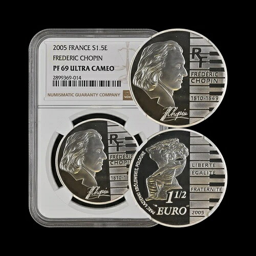 フランス 2005年 1.5ユーロ 銀貨 - NGC PF69 - トップポップ ?? フレデリック・ショパン