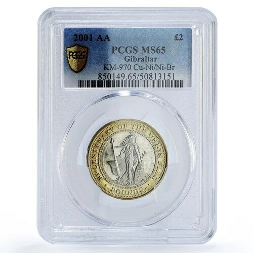 ジブラルタル 2ポンド ユニオンジャック旗 ブリタニア KM-970 MS65 PCGS バイメタルコイン 2001年