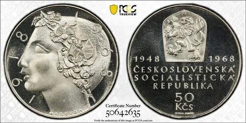 チェコスロバキア 1968年 50コルナ 50/20年 PCGS PF67 CAMEO 2000年鋳造 DCAM|WORLD RESOURCE【QUEEN店】