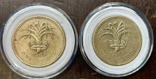 希少 1985年 エリザベス2世 1ポンド硬貨 - 通常1枚、裏面/エラー1枚