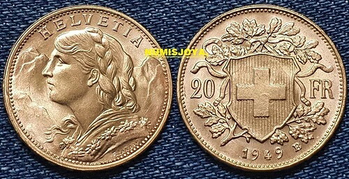 スイス 1949年製 20フラン金貨。重量6.45グラム。コンフォエデラティオ・ヘルヴェティア。美しい。