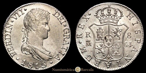 フェルディナンド 7 世 (1808-1833)。 8レアル。 1815年、マドリッド。 GJ. (Cal-1269)。アグ。 27.20g。 R-