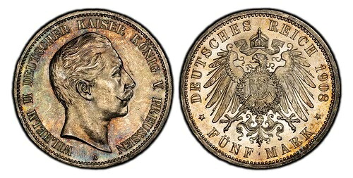 ドイツ聖プロイセン。 ヴィルヘルム II 1908-A AR 5 マーク。 PCGS MS64 思い出。 J-104-