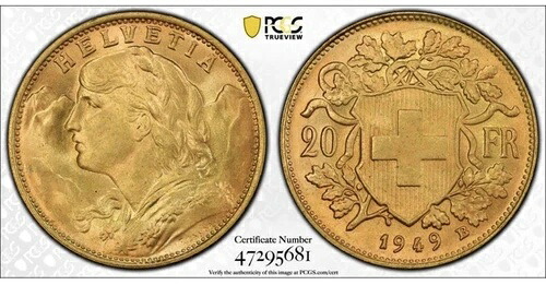 レア ハイグレード ゴールド 1949-B スイス 20 フラン PCGS MS66-