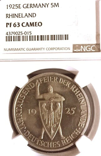 ドイツ、ワイマール共和国、1925年東経、5マルク、1000年、ターラー、NGC PF 63 カメオ