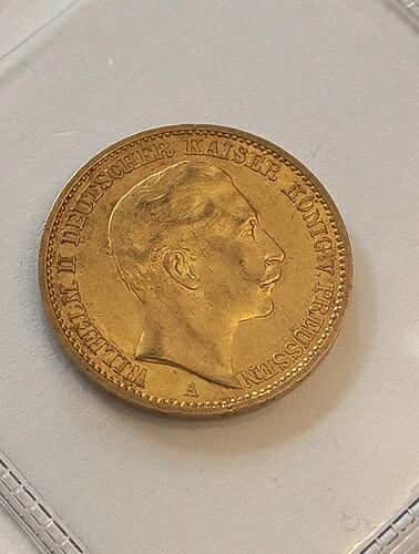 1909年 ドイツのプロイセン 20 マーク未認証 ゴールド-