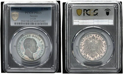 ザクセン 3 マルク 1909-E フリードリヒ・アウグスト国王 PCGS PR65 プルーフ 116143 相当