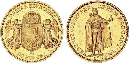 オーストリア＝ハンガリー帝国 20 コロナ金貨 1902年 フランツ・ヨーゼフ1世 1848-1916 Vz+ 133739