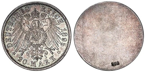バイエルン 1895年 サンプル/鷲の刻印 20マルク銀貨 Vf-St 124029|WORLD RESOURCE【QUEEN店】