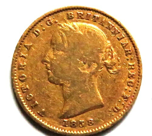 オーストラリア。1858年シドニー造幣局発行ハーフソブリン金貨。微光沢。美品+