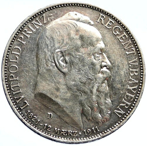 1911年 ドイツ バイエルン オットー1世 ルイトポルト王子 アンティーク シルバー 3マルク コイン i99573｜WORLD RESOURCE【QUEEN店】