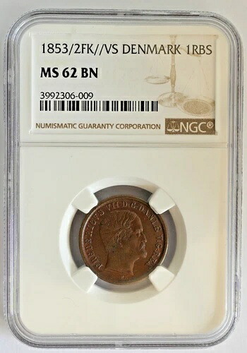 デンマーク 1 リグスバンクスキリング 1853 / 2 希少 オーバーデート NGC 銅 KM 756 1 年タイプ