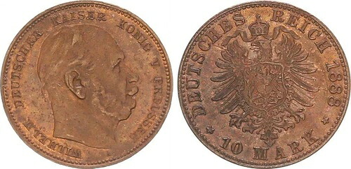 プロイセン 10 マーク 1888 Wilhelm I.Probepr?gung 銅/ 50° Stempeldr 59918-
