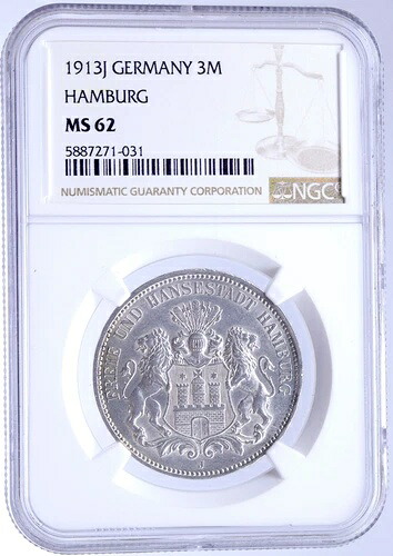 1911 J ドイツ ドイツ諸州 ハンブルク ライオンズ付き 銀貨 3マルク NGC i118668