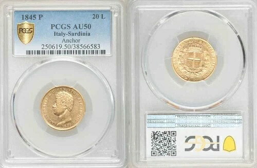 1845年 P 金貨 サルデーニャ イタリア 20 リラ キング カルロ アルベルト KM# 131.1 PCGS AU50 226,600円