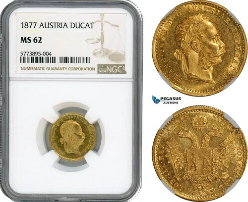 AI179、オーストリア、フランツ・ヨーゼフ、1877年ドゥカット、ウィーン造幣局、金貨、NGC MS62