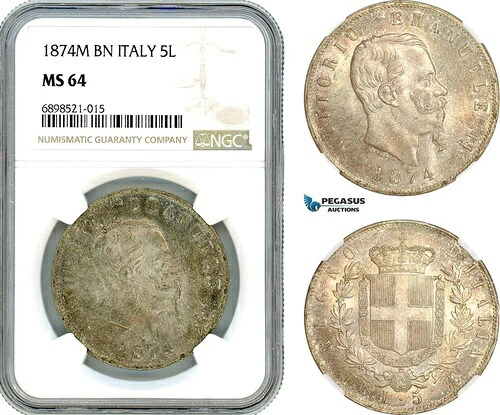 A9-277、イタリア、ヴィットーリオ・エマヌエーレ2世、5リラ、1874年M BN、ミラノ、NGC MS64、トップポップ