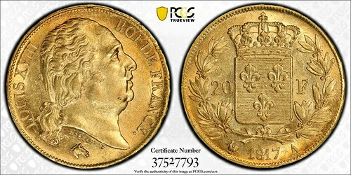 1817-A フランス 20フラン、PCGS AU58、Gad-1028、F-519。華やかな美しい標本。