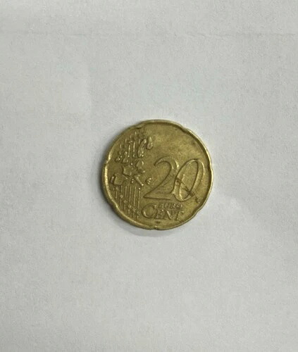 2002年イタリア製20ユーロセント硬貨。2つの非常に珍しい色で鋳造ミスがある。