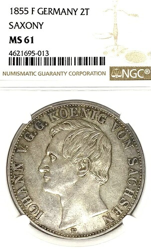 ドイツ州ザクセン 1855 F 2テーラーコイン NGC MS 61 VZ/F.STGL ターラー Deutsc UNC-